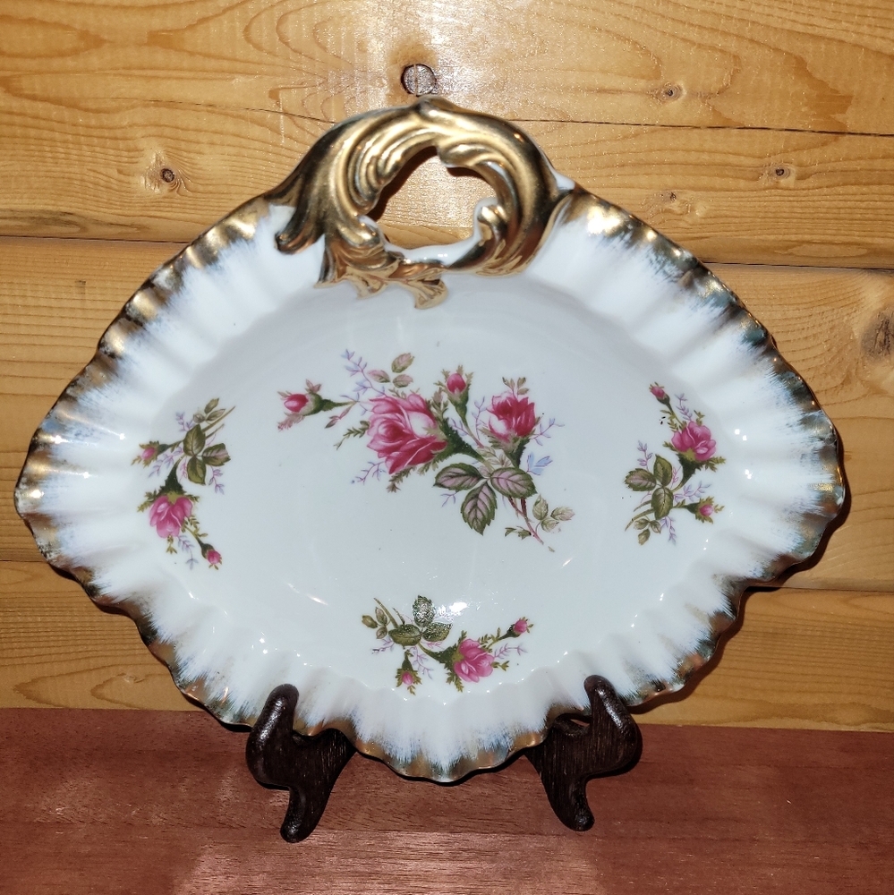 Vintage Pink Moss Rose Porcelain Candy Dish Tray Ruffled Edge Gold Trim & Handle